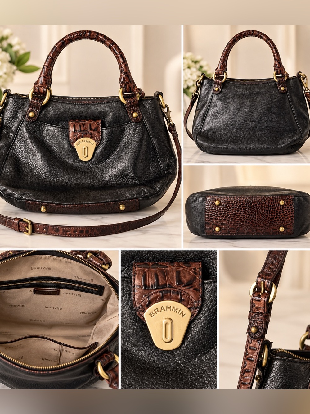 Brahmin Black Leather Satchel Handbag Brown Croc Trim Gold Hardware Crossbody